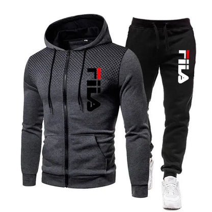 New men's casual jogging fitness fashion sports clothing set autumn and winter printed zipper hoodie + two sets of stretch pants.