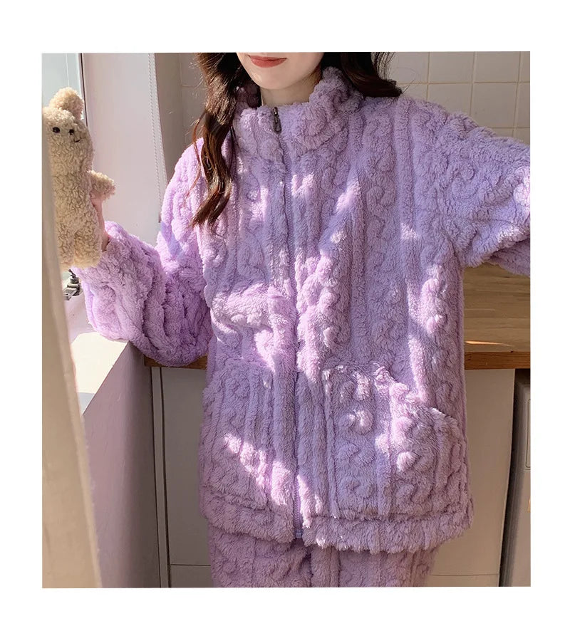 Große Größe Flanell Pyjama Set Herbst Winter Weibliche Nachtwäsche Hosen Anzug Verdicken Korallen Fleece Hohe Kragen Lounge Tragen Homewear