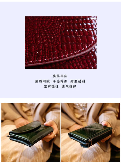 Magnetic Clasp Short Ladies Genuine Leather Wallet 2025 New Alligator Cow Leather Purse Woman RFID Card Holder Mini Clutch.
