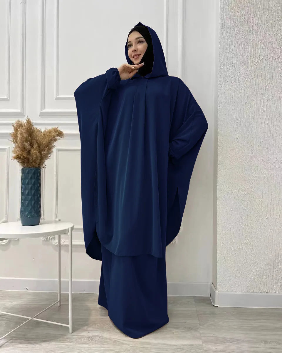 Eid Hooded Abaya 2 Piece Set Long Hijab Khimar Muslim Women Dress Prayer Jilbab Ramadan Gown Abayas Skirt Sets Islamic Clothes.