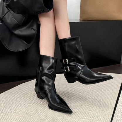 Winter Pointed Toe Thick Heel Women Ankle Boots Elegant Back Belt Buckle Slip On Shoes Street Style Party Short Botas Mujer.