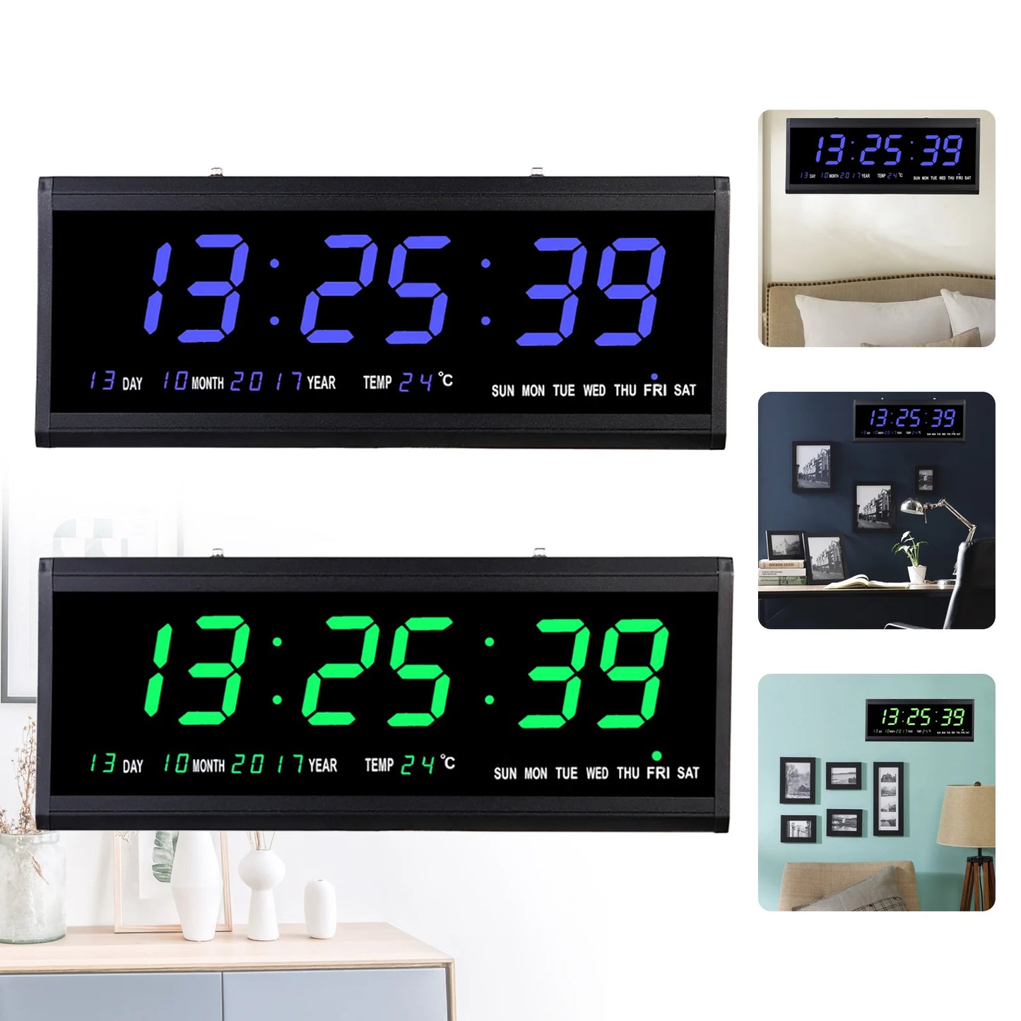 220 V große LED-Digital-Wanduhr, Zeit, Temperatur, Datum, Woche, Anzeige, automatischer Dimmer, leuchtende, leise Tischuhr, Wanduhr, 48 x 19 cm