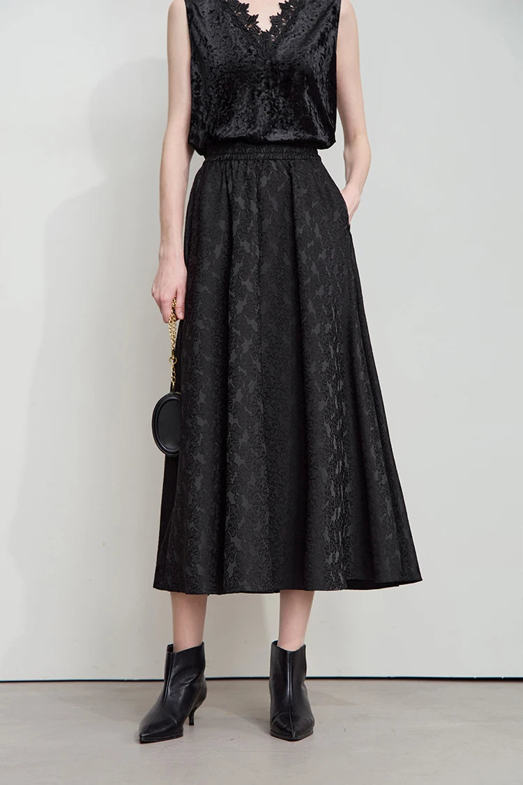 AMII 2025 Arrival Autumn Black A-line Women Skirt  Luxury Style Simple Elegant Elastic Waistband Offcial Lady Blouse 12523037.