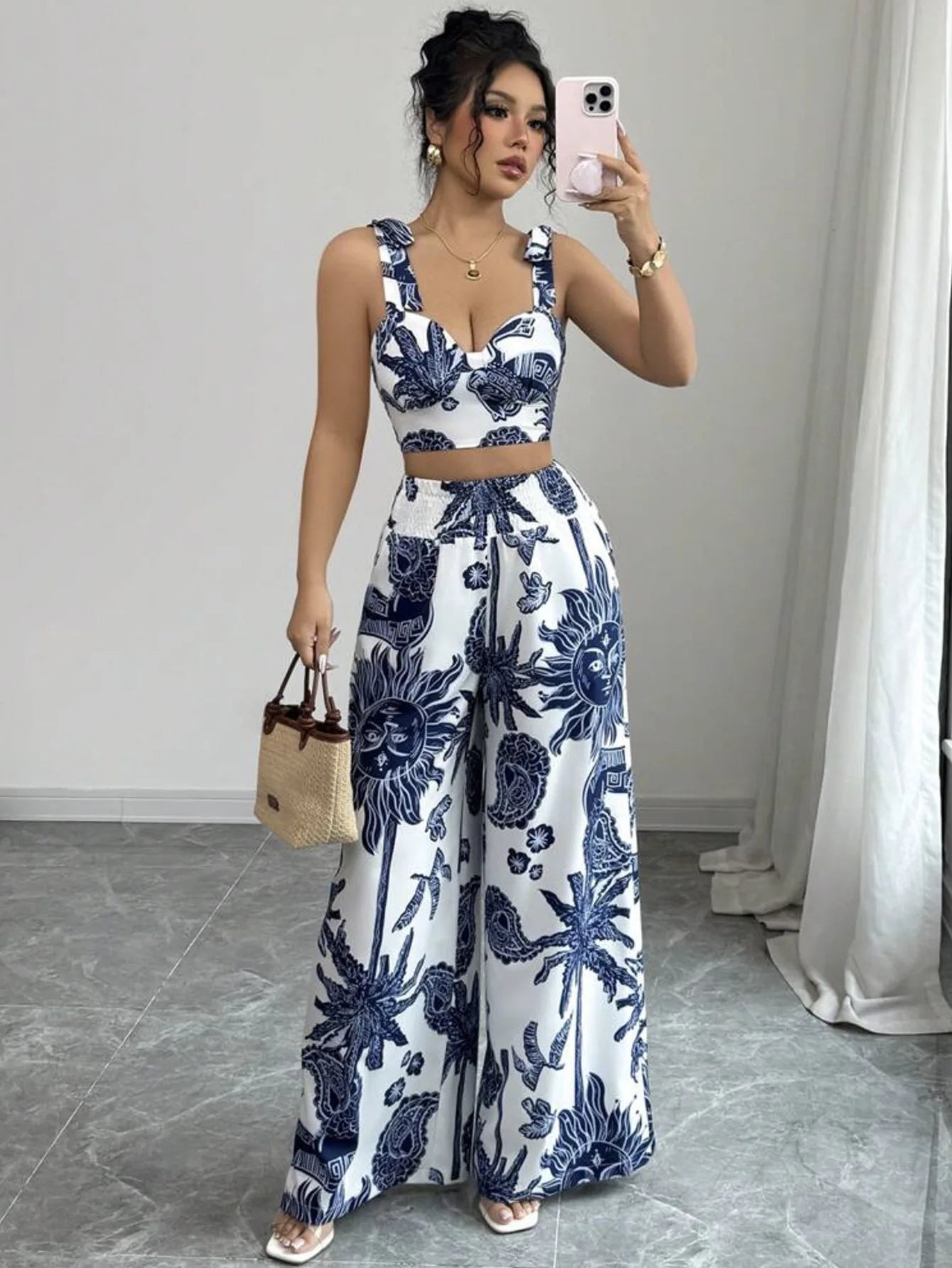 Two Piece Sets Women Pant Print Sling Tops High Waist Wide Leg Pants Drawstring Matching Sets Casual Backless Tops Summer 2025.