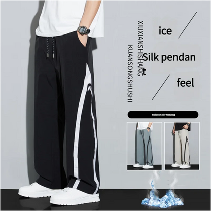2025 Summer Ice Silk Casual Pants Boys Casual Peplum Pants Handsome Straight Colorblocking Sports Pants.