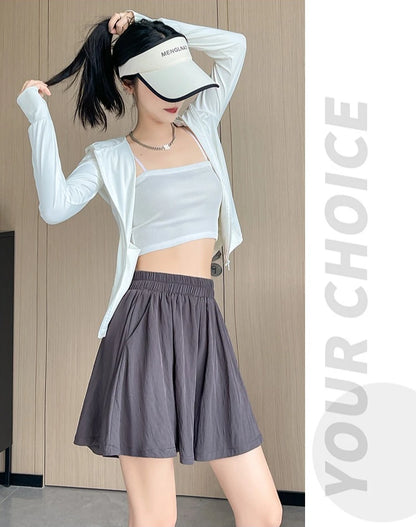 Women Quick Dry Sporty Short Pants Summer Thin Pleated Shorts Skirts High Waist A- Line Five Quarter Pants Cool Wide Leg Pants