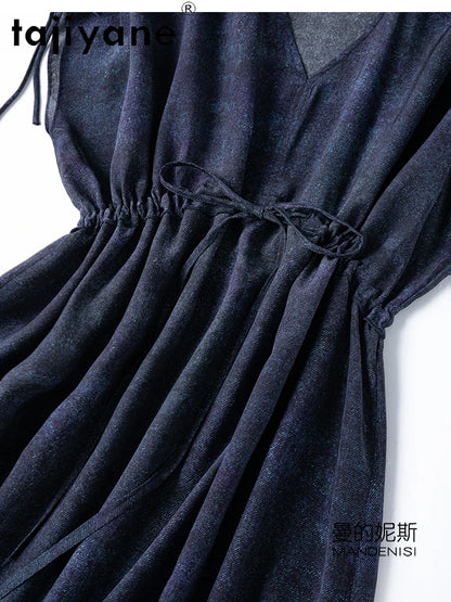 TAJIYANE 100% Maulbeerseide Kleid Frau Sommer 2025 Elegante Lange Kleider Denim Gedruckt Party Kleider Damen Kleidung Vestidos.