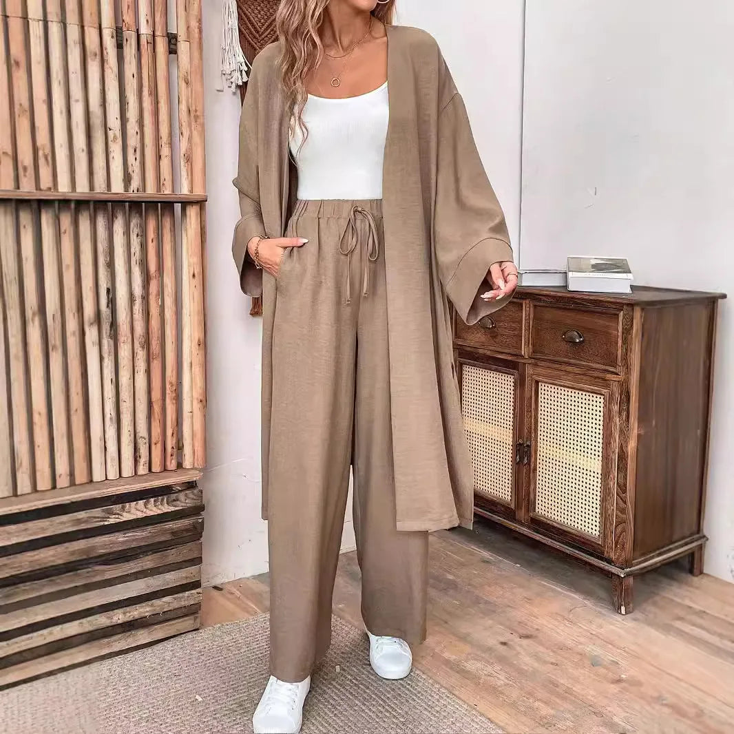 Clothes Autumn open-collar Solid Color Long Loose Top + Drawstring Wide-leg Trousers Trajes De Mujer Conjunto 2 Piezas Elegantes.