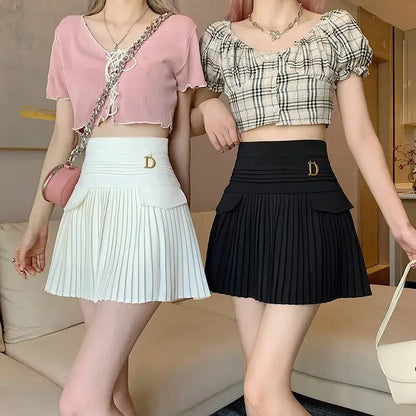 White Pleated Skirt Women  High Waist Skater Skirt Female Korean A-Line High Fashion Casual Short Skirt Women Bottoms.
