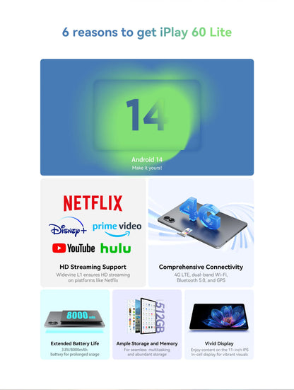 ALLDOCUBE iPlay60 Lite Tablet 10.95" 60Hz Display Unisoc T606 12GB(4GB+8GB Virtual)RAM 128GB ROM 4G LTE 8000mAh Android 14.