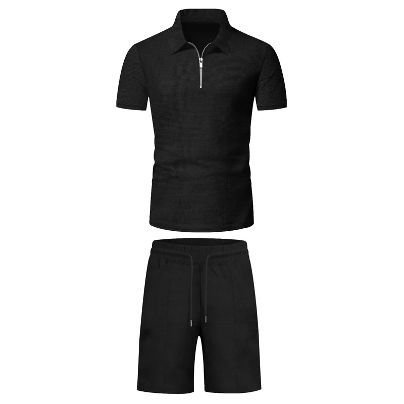 Men's Comfortable Short-Sleeved Waffle Polo Shirt And Shorts Set - Breathable Lightweight Spring/Summer Clothing.