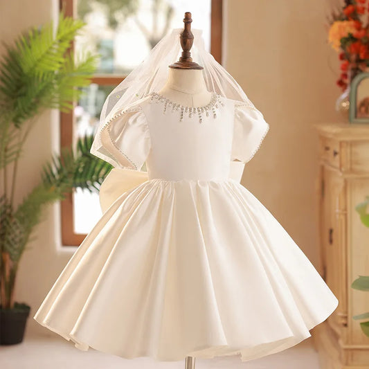 Sommer Solide Perlen Prinzessin Kleid Rundhals Elegante Kinder Brautjungfer Kleidung Luxus Kleider für Hochzeit Edle Kind Kleidung.