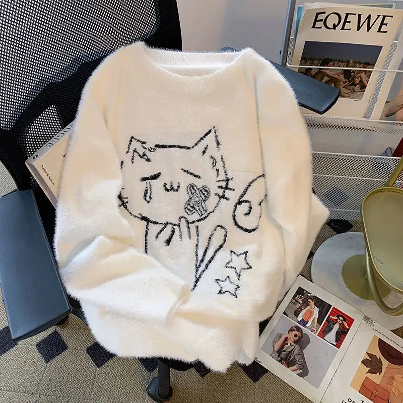 Vintage Preppy Kawaii Cartoon Jacquard Pullover Süße Harajuku Lose Grunge Pullover Y2k Ästhetische Frauen Weiße Gestrickte Pullover