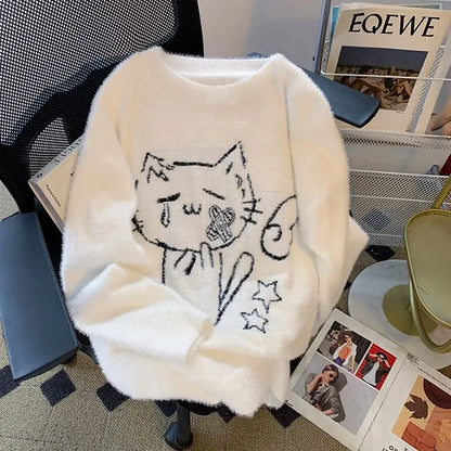 Vintage Preppy Kawaii Cartoon Jacquard Pullover Süße Harajuku Lose Grunge Pullover Y2k Ästhetische Frauen Weiße Gestrickte Pullover