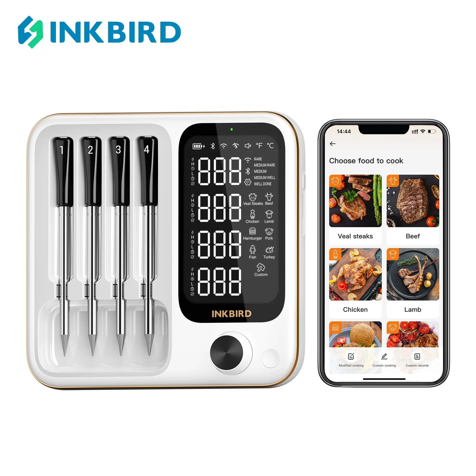 INKBIRD INT-14-BW 3-Mode WiFi/Bluetooth BBQ Thermometer, 4 Wireless Probes, IP67 Waterproof, ±1℃, 25H Battery, Smart App Control.