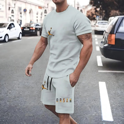 New men's fashionable casual clothing summer sports round neck short-sleeved T-shirt and drawstring shorts breathable suit.