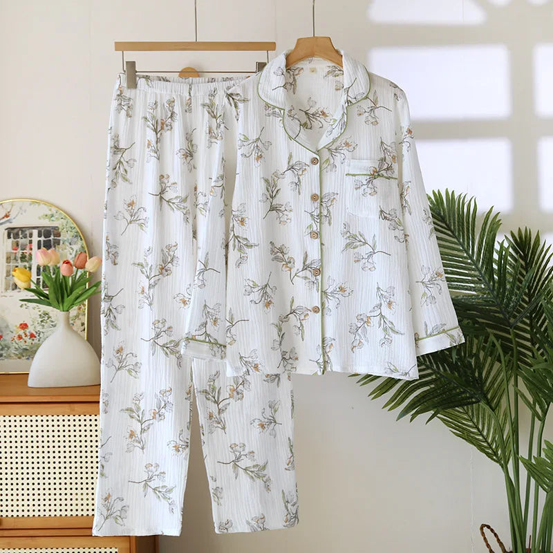 2025 neue Frühjahr/Sommer frauen Pyjama Set 100% Baumwolle Crepe Nette Liebe Langarm Lange Hosen Zwei Stück set Strickjacke Hause Kleidung