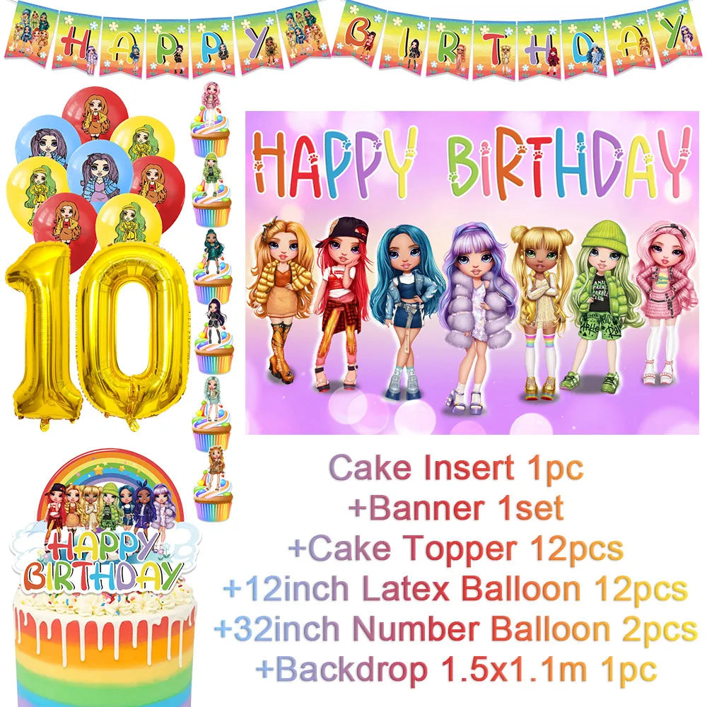 Cartoon Regenbogen Puppe High School Thema Hintergrund Geburtstag Party Dekoration Lieferungen Einweg Tasse Besteck Ballon Baby Geschenk