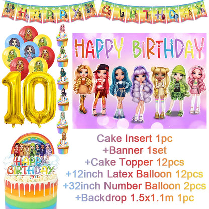 Cartoon Regenbogen Puppe High School Thema Hintergrund Geburtstag Party Dekoration Lieferungen Einweg Tasse Besteck Ballon Baby Geschenk