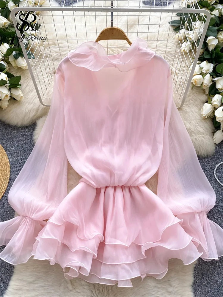 SINGREINY 3D Floral Strand Kurzes Kleid Weibliche Lange Ärmel Spitze Up Rüschen Chiffon Kuchen Sommerkleid Sheer Sexy Vintage Bohemian Kleid.