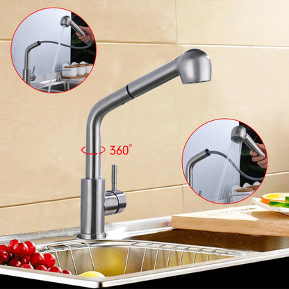 360° Rotating Retractable Sink Faucet Hot and cold Water Button Ceramic Valve Kitchen Stainless Steel Faucet with Shower