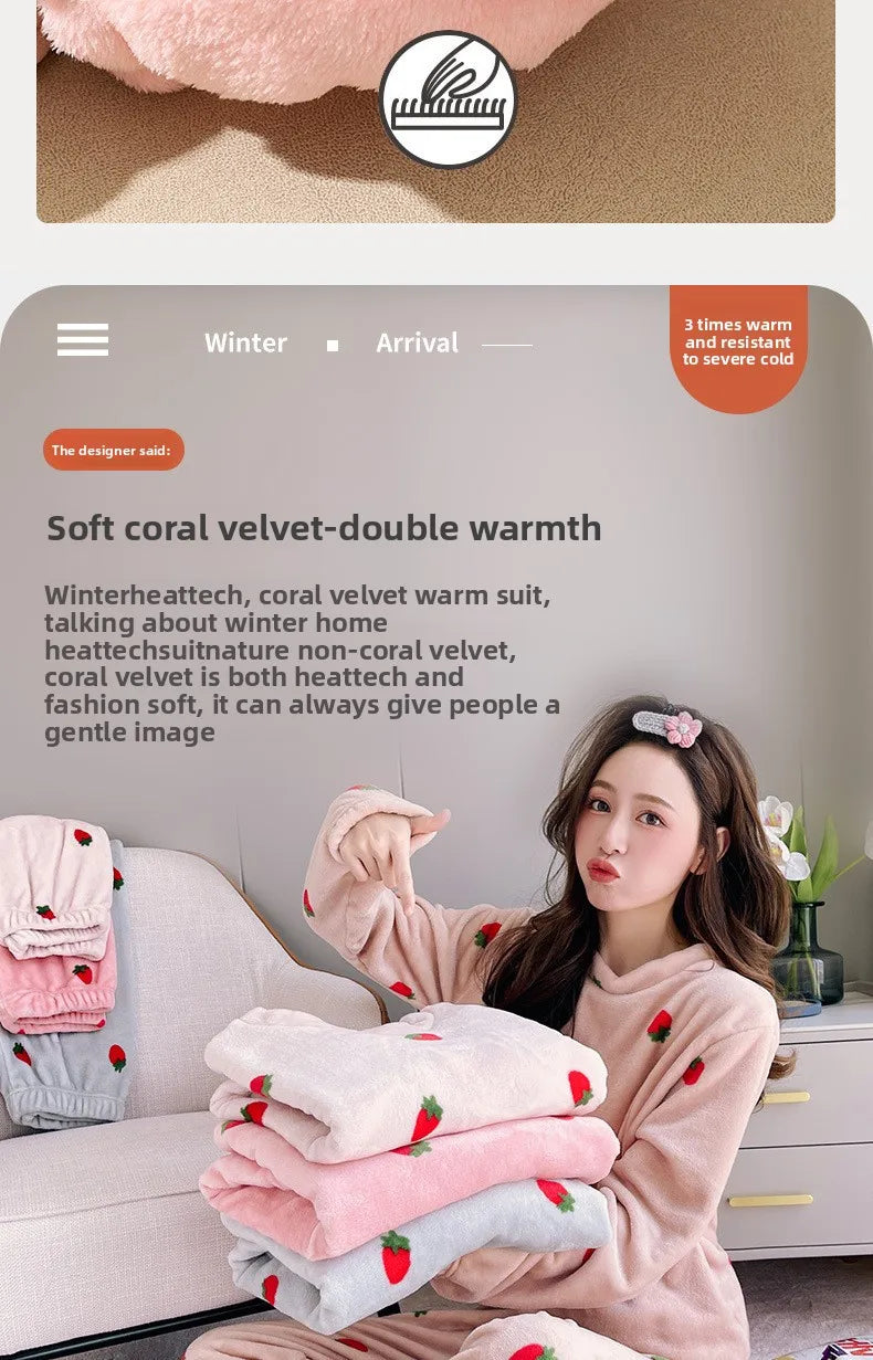 Warme Damen-Nachtwäsche für den Winter, bedruckt, Erdbeere, O-Ausschnitt, Korallensamt-Pyjama, Loungewear, zweiteiliges Set, süße Damen-Pyjamas.