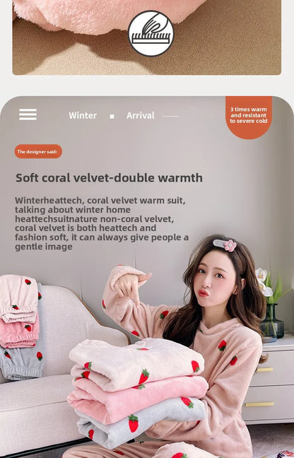Warme Damen-Nachtwäsche für den Winter, bedruckt, Erdbeere, O-Ausschnitt, Korallensamt-Pyjama, Loungewear, zweiteiliges Set, süße Damen-Pyjamas.