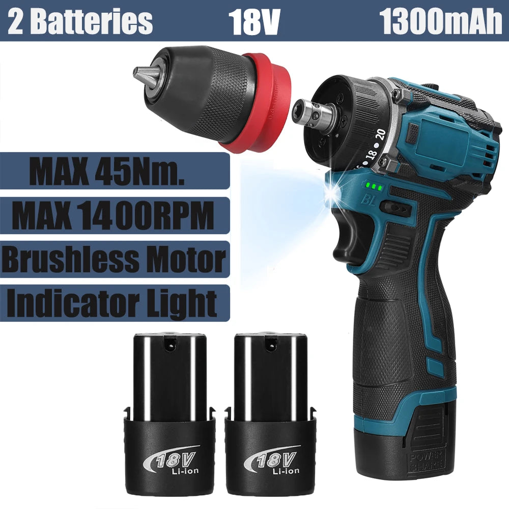 2in1 Akku-Elektroschrauber Bohrer Bürstenloser Motor 45/55 Nm Drehmoment Stufenlose Geschwindigkeitsregelung Hand-Lithium-Treiber-Bohrmaschine