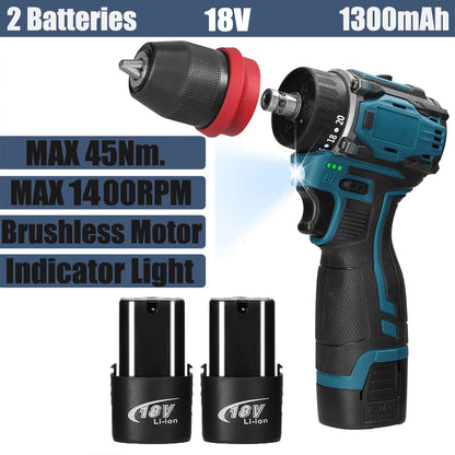 2in1 Akku-Elektroschrauber Bohrer Bürstenloser Motor 45/55 Nm Drehmoment Stufenlose Geschwindigkeitsregelung Hand-Lithium-Treiber-Bohrmaschine