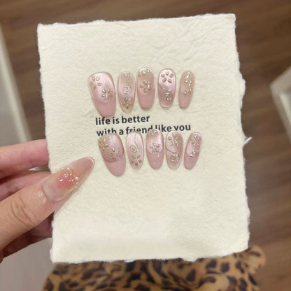 10Pcs mid-length oval White Moonlight Cat Eyes Nails Sliver Bowknot Press on False Nails with Pearl Diamond Full Cover Nail Tips.