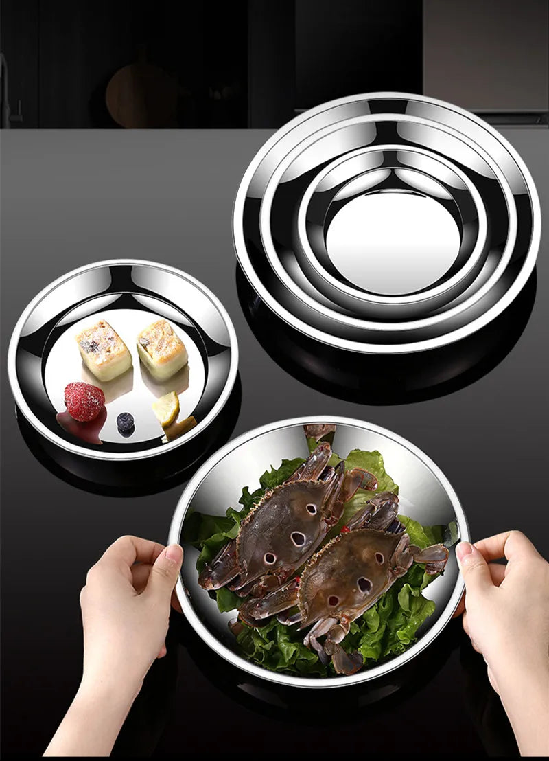 Thick Round 316 Stainless Steel Dinner Plate Food Grade Trays Salad Fruit Meal Pan Kitchen Steak Seafood Flat Cooking Bowls.