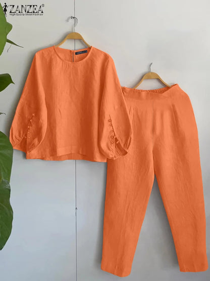 Fashion Women Two Piece Outfit ZANZEA Long Sleeve Top 2025 Autumn Casual High Waist Long Pants Sets Solid 2PCS Suits Tracksuit.