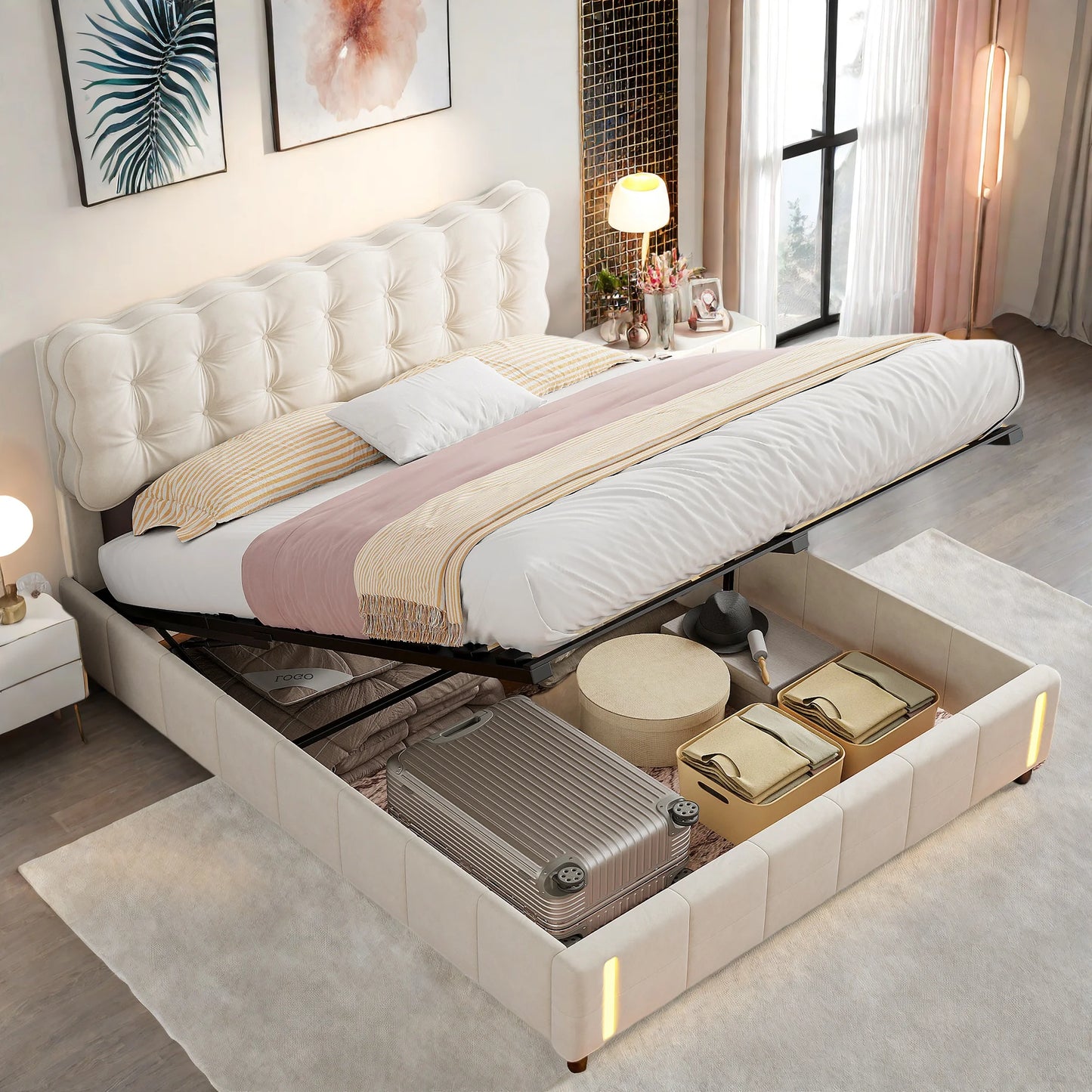 Rosahqnda Kissen Bett Kissen Bett mit Stimmungslicht, gepolstertes Bettgestell in Samtbeige, Kinderbett, ohne Matratze