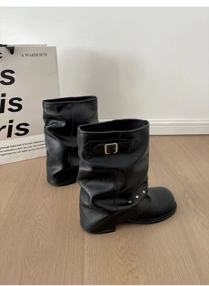 Winter Pleated Women Western Ankle Boots Fashion Rivet Belt Buckle Shoes Ladies Concise Vintage Thick Heel Short Booties.