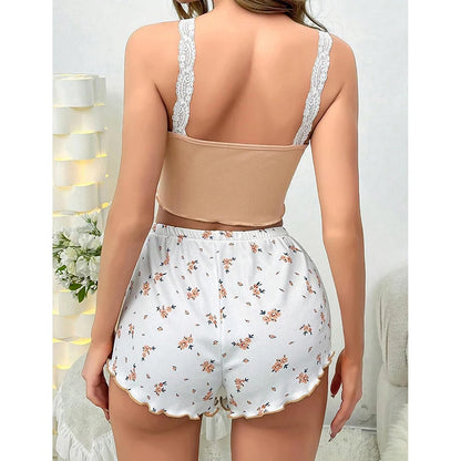 Frauen Pyjama Set Spitze Patchwork V-ausschnitt Nachtwäsche Sexy Nachthemden Anzug Leibchen Top Gedruckt Shorts Weiche Pyjamas Loungewear.