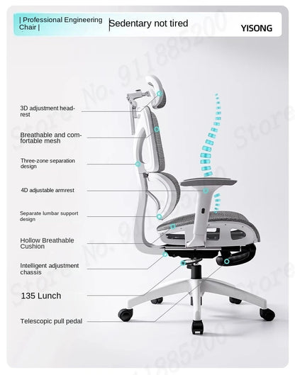 Ergonomischer Computerstuhl, Heimbüro, Lordosenstütze, Gaming-Stuhl, Liegestuhl aus Latex, atmungsaktives Mesh, 4D-verstellbare Armlehne
