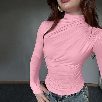 New fashion women's casual slim fit pleated high neck long sleeved solid color top t-shirt.