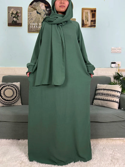 Muslim Abaya Ramadan 2025 For Women Pure Cotton Loose Prayer Femme Robe Elastic Cuffs African Dress With Connected Hijabs Scarf