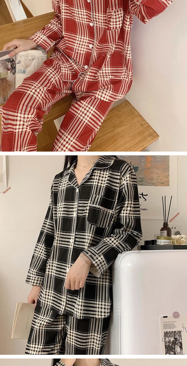 Spring and Autumn New Couples Pajamas Homewear Suit Female Is Christmas Plaid Thin Section Long-Sleeved Simple Leisure Homewear.