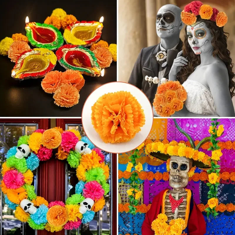 2,17 Zoll mexikanische Ringelblume künstliche Blumen Tag der Toten DIY Girlande String Halloween Diwali Party Home Outdoor Dekoration.