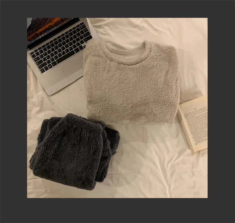 Winter Fleece Women Pajamas Set  Sleepwear Solid Velvet 2 Piece Pant Home Suit Fluffy Casual Warm Flannel Night Wear.
