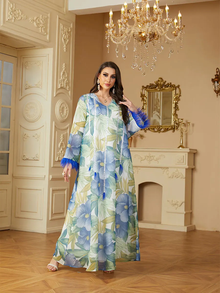 Siskakia Muslim Floral Print Dresses Women's Jalabiya Ramadan Elegant Casual Abayas Dubai Moroccan stylish Long Sleeves Kebaya.