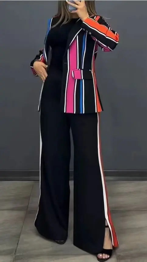 Women Striped Print Suits+pants Two Piece Sets Autumn Winter Casual Wide Leg Pants Sets Office Ladies Elegant Coats Outfits.