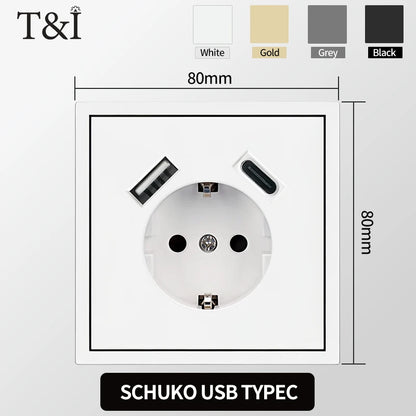 Europäische Wandsteckdose, EU-Steckdose, USB-Typ-C-Ladeanschlüsse, 1/2-Gang-Lichtschalter, 16 A 250 V, Unterputzmontage, weißes Panel, 80 x 80 mm