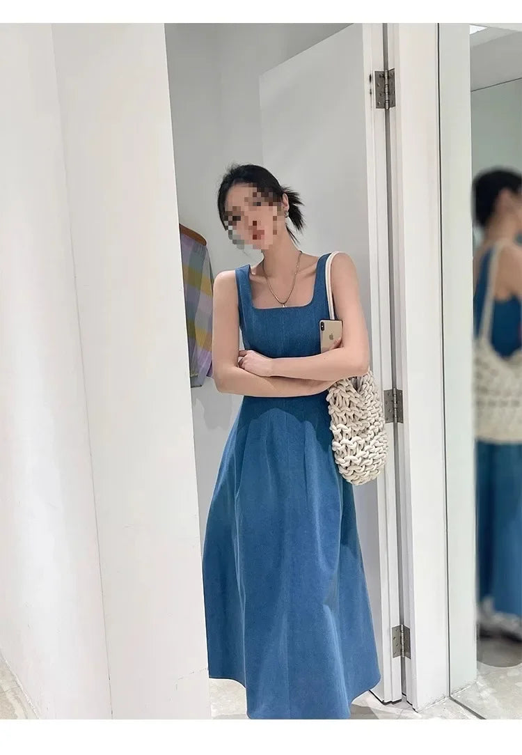 Blue Mist Love Französisches Jeanskleid für Damen, Sommer, einzigartiges Design, Taille, Cinching-Riemen, langes Kleid, elegante blaue Polyesterfaser