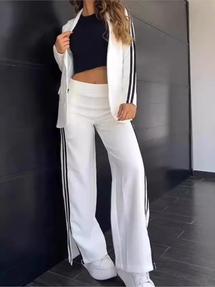 Autumn Winter New Women's Casual Lapel Pantsuit Fashion Splicing Stripes Slit Wide Leg Trousers Female Suit Office Two-piece Set.