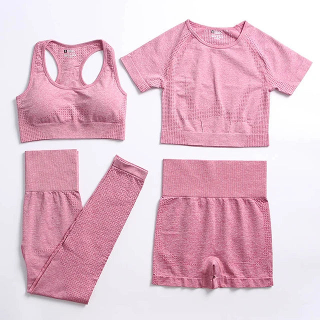 2/4PCS Summer Seamless Yoga Set Women Workout Clothes Sports Bra Short Sleeve Crop Top High Waist Legging Fitness Sports Suits