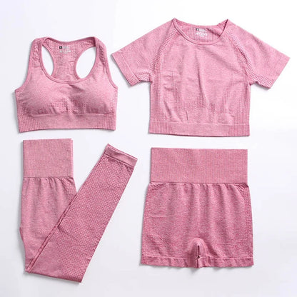 2/4PCS Summer Seamless Yoga Set Women Workout Clothes Sports Bra Short Sleeve Crop Top High Waist Legging Fitness Sports Suits