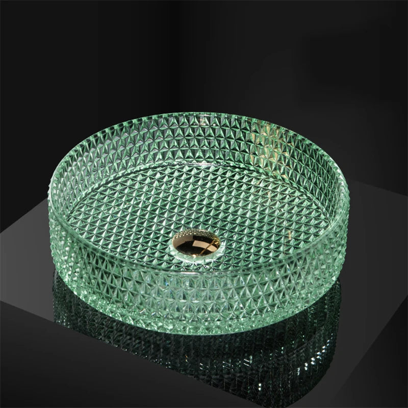 Luxuriöses Waschbecken aus Kristallglas, Badezimmer-Waschbecken, rosa Arbeitsplatte, Kunstbecken, rundes Mini-Schüsselbecken, Waschraum-Waschbecken mit Wasserhähnen