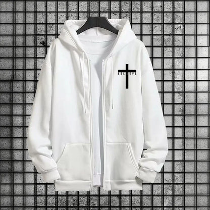 Cross of Christ Mens Hip Hop Tracksuit Set 2025 New 2 Piece Outfit Zipper Hoodie Joggers Urban Streetwear Autumn Winter Fashion.